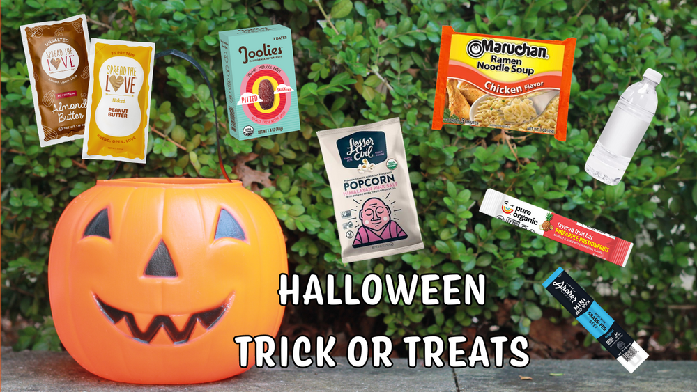 Halloween Trick or Treats Banner with pumpkin, STL Packets, Joolies dates, Lesser Evil Popcorn, Ramen, Beef jerky stick, fruit bar and water bottle.