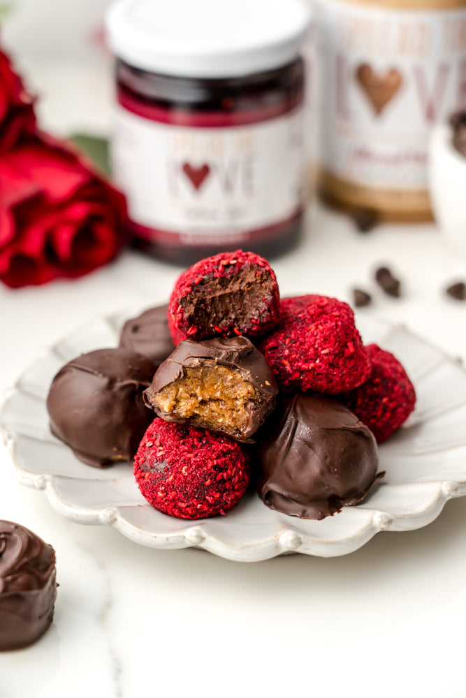 Plate of Salted Almond Butter Truffles and Dark Chocolate Raspberry Truffles