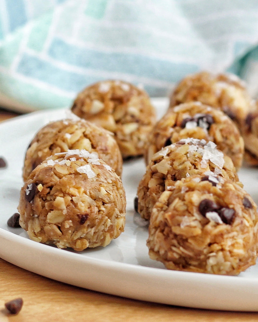Plate full of Chewy Peanut Butter Granola Bites
