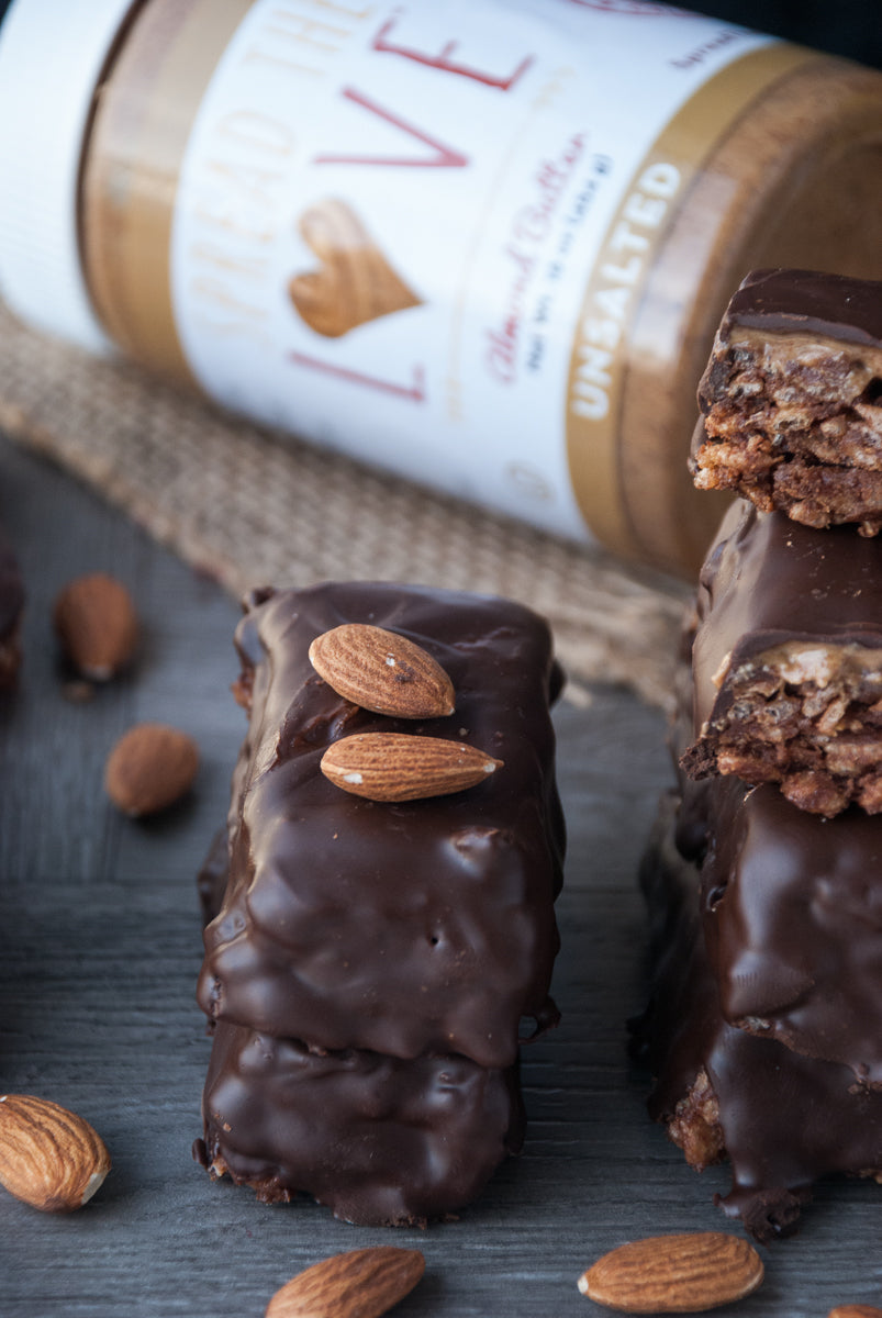 Double Chocolate Almond Butter Bar with Spread The Love Almond Butter jar in background