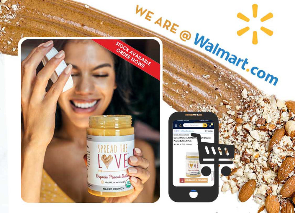 Woman with peanut butter, ad for Walmart availability, mobile shopping.