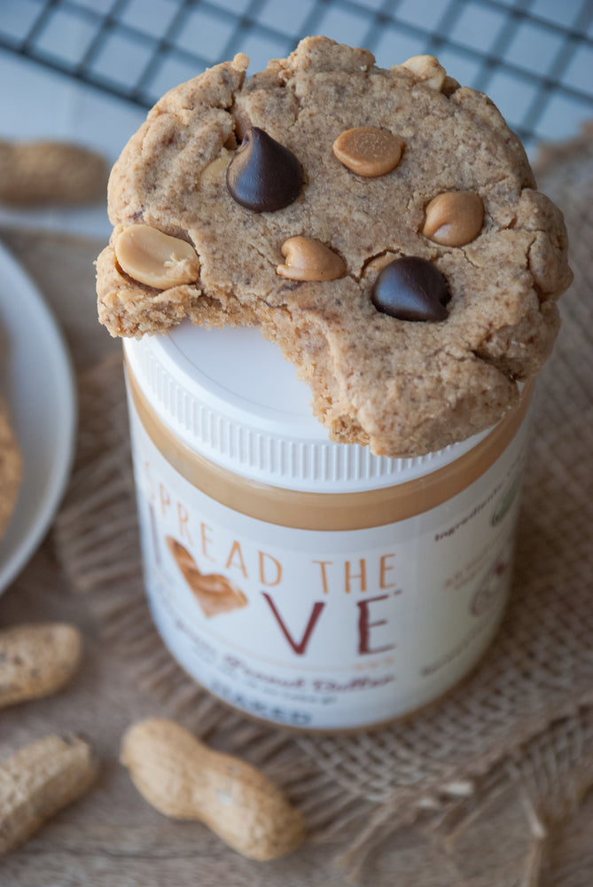 Spread The Love Peanut Butter jar with Peanut Butter Chip Cookie on top