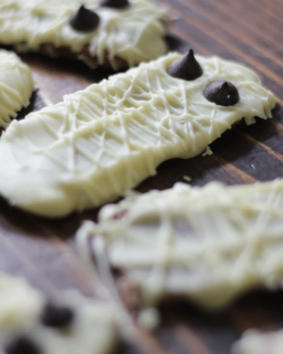 Plate of No Bake Almond Butter Mummies 