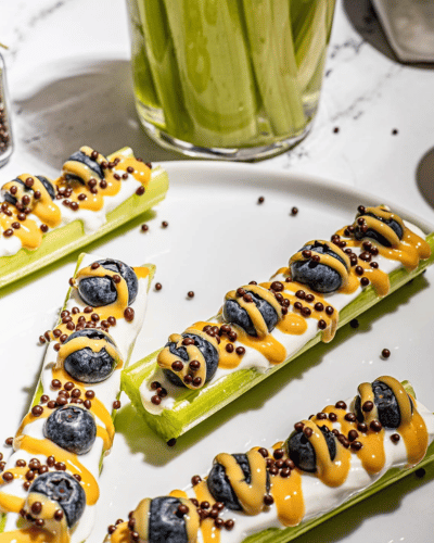 Plate of celery with yogurt 