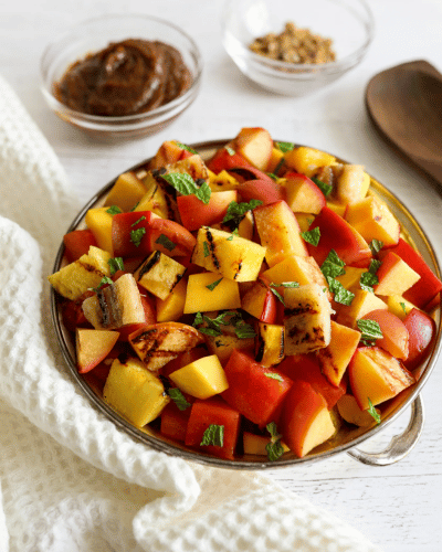 Bowl of grilled summer fruit salad