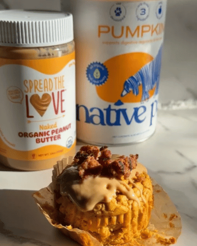 Photo Collage of Spread The Love NAKED Organic Peanut Butter and Native Pet Pumpkin Supplement with Pumpkin PB Pupcake 