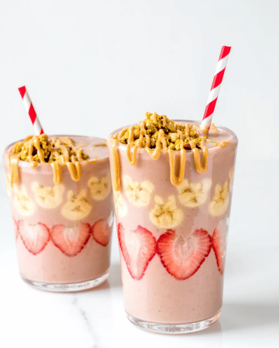 2 cups of the Pretty in Peanut Butter Smoothie topped with granola and Peanut Butter Drizzle