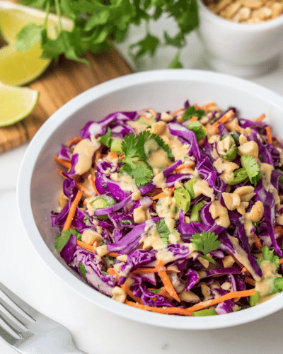 Bowl of Purple Cabbage Salad with Thai Peanut Dressing