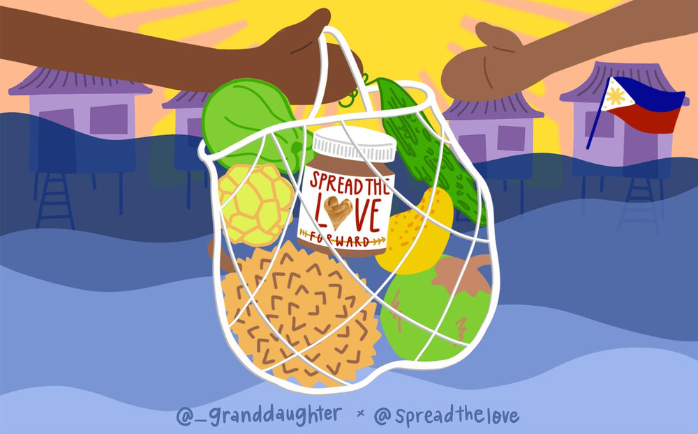 Illustration of hands holding a bag with peanut butter and fruit against a tropical backdrop.