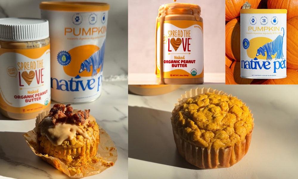 Photo Collage of Spread The Love NAKED Organic Peanut Butter and Native Pet Pumpkin Supplement with Pumpkin PB Pupcake 