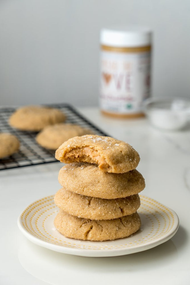 Plate of stacked Salted Honey Stuffed Peanut Butter Cookies