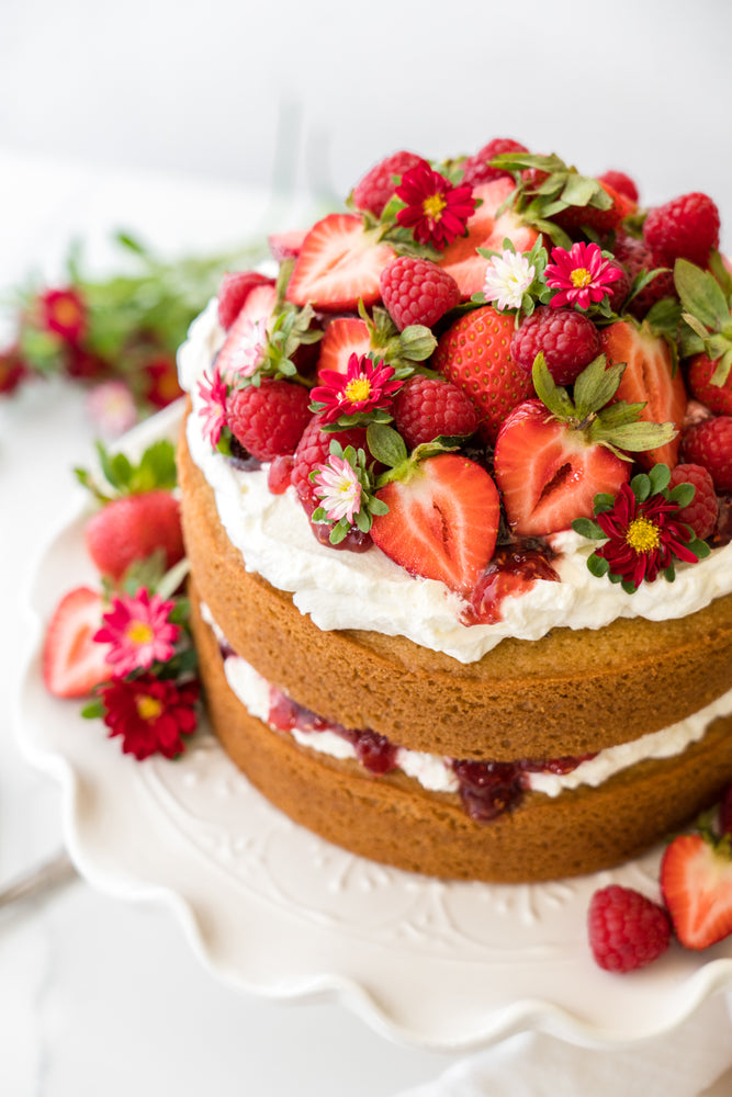 Sweet Laurel Cake topped with Strawberries