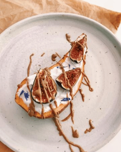 Plate of Sweet Potato Toast with Almond Butter Drizzle 