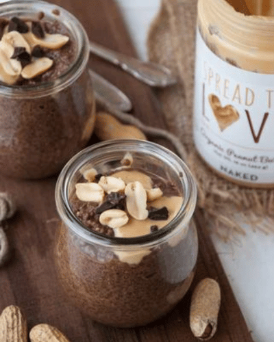 Two jars of Chocolate Peanut Butter Chia Pudding 