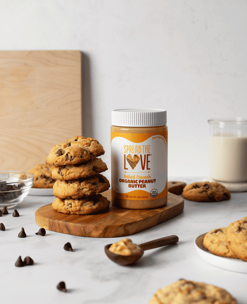 Chocolate Chip Peanut Butter Cookies with NAKED CRUNCH Organic Peanut Butter jar