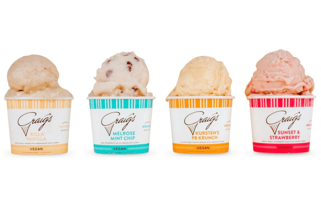 Four vegan ice cream flavors from Craig's lined up.
