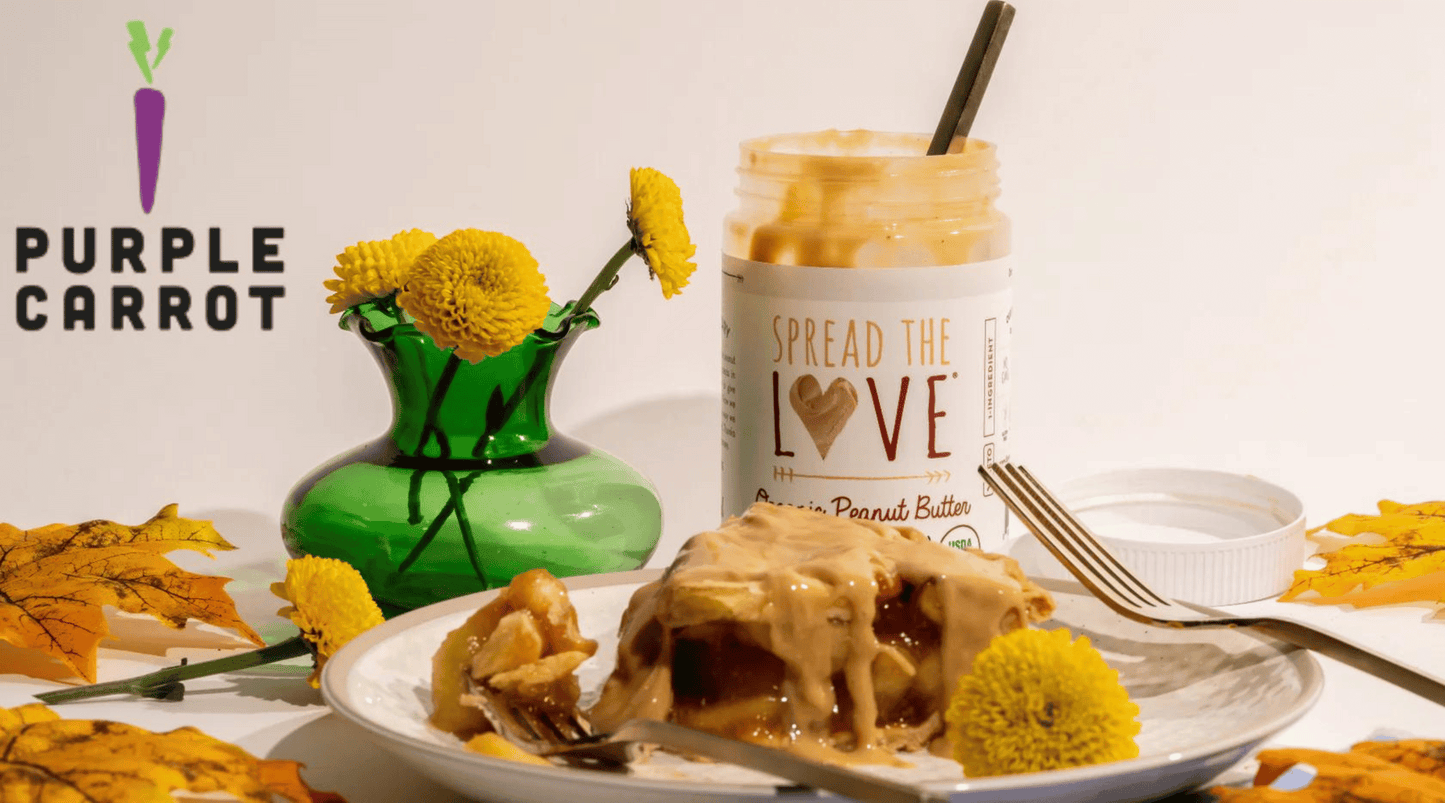 Spread The Love and Purple Carrot partnership highlighted, single jar of NAKED Organic Peanut Butter and a plate of pie.