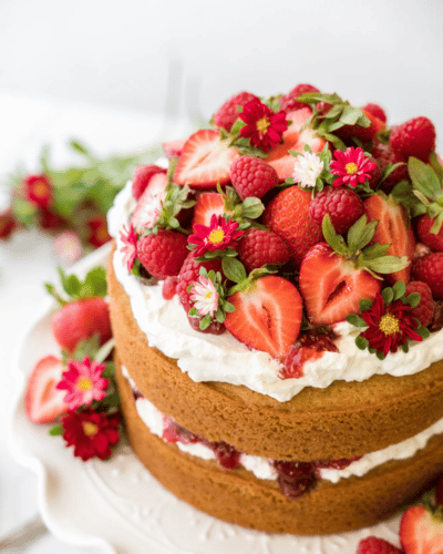 Sweet Laurel Cake topped with Strawberries