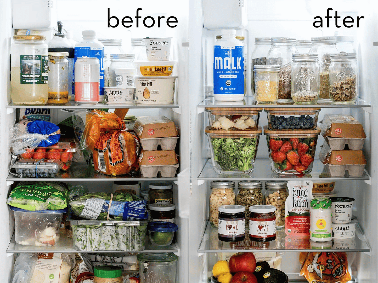 Before and After Photo of unorganized and organized fridge