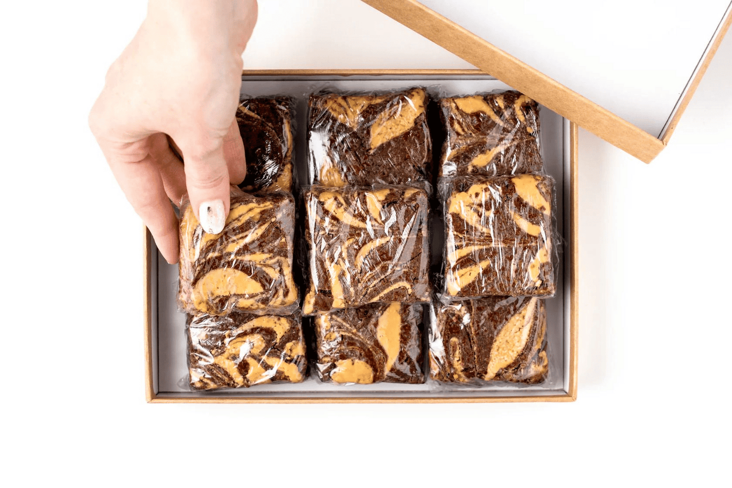 Ultra - Fudgy Peanut Butter Swirl Brownies in gift box.