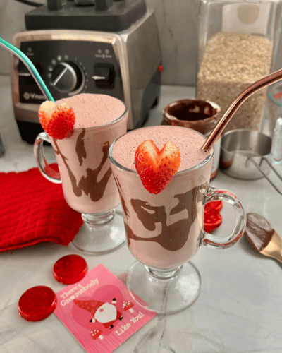 Two glasses of Vegan Strawberry Chocolate Hazelnut Smoothie