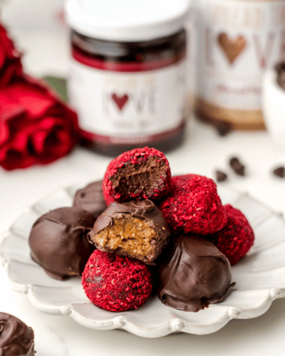 Plate of Salted Almond Butter Truffles and Dark Chocolate Raspberry Truffles