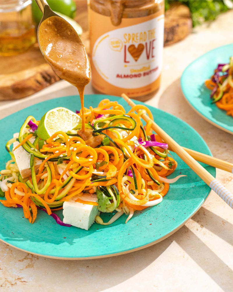 Plate of Veggie Pad Thai with Almond Butter Drizzle