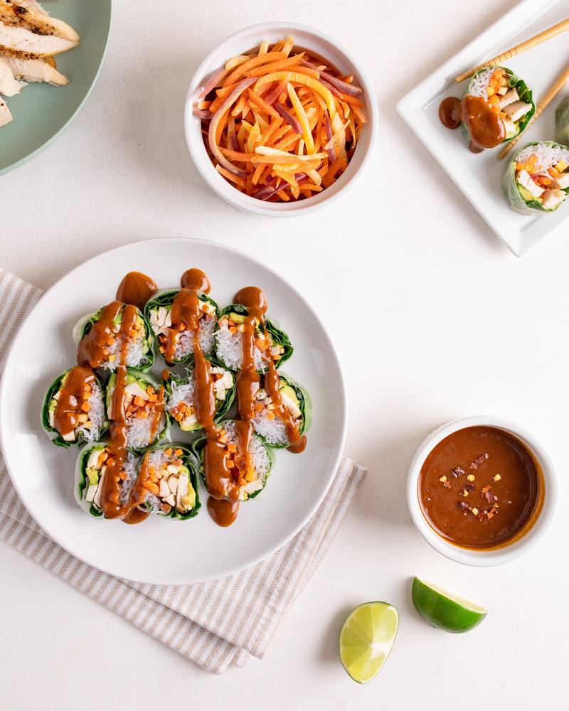 Chicken Avocado Summer Roll Sushi Bites w/ Savory Almond Butter Dipping Sauce