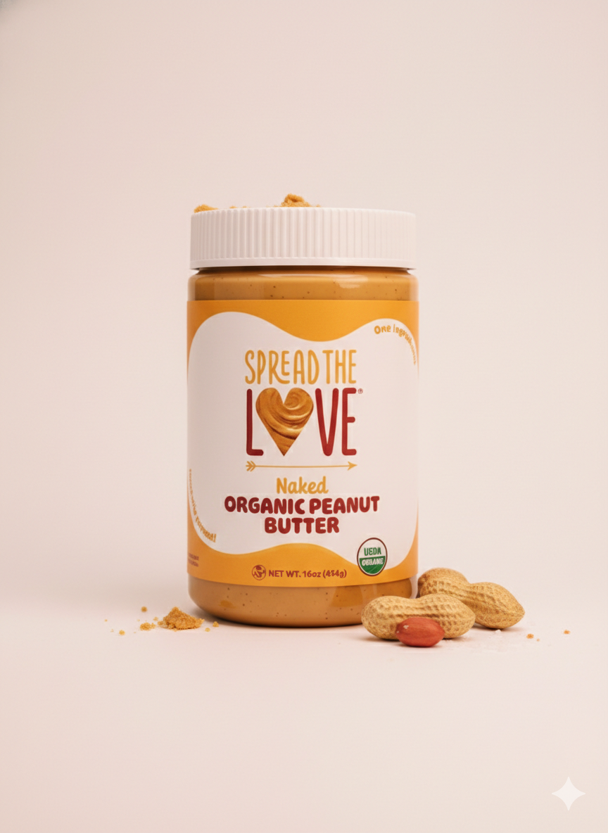 Photo of someone stirring a jar of Spread The Love Peanut Butter