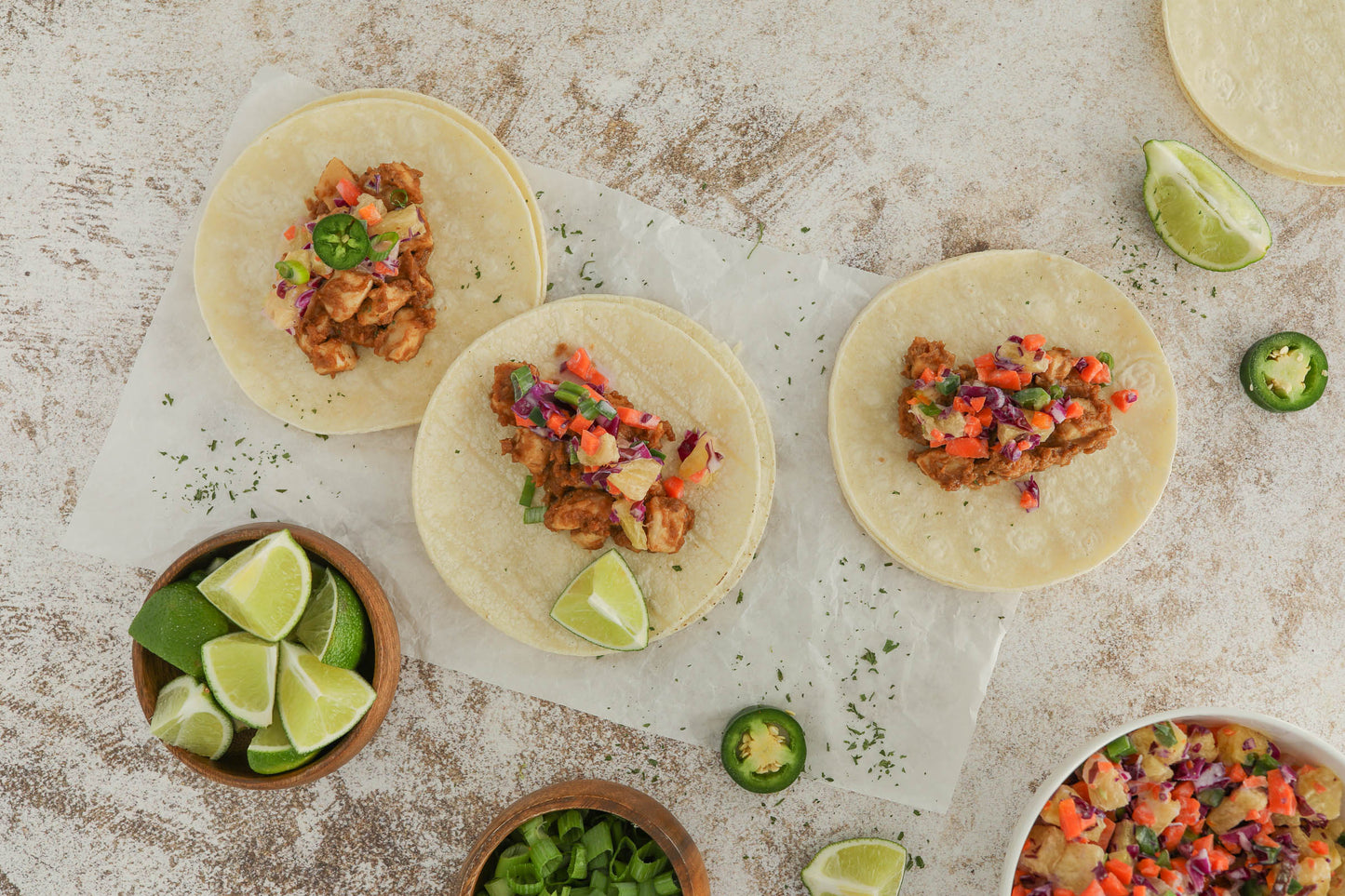 Three PB Chicken Tacos with lime and jalapeno