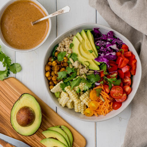 Rainbow Salad Bowl with Almond Butter Dressing