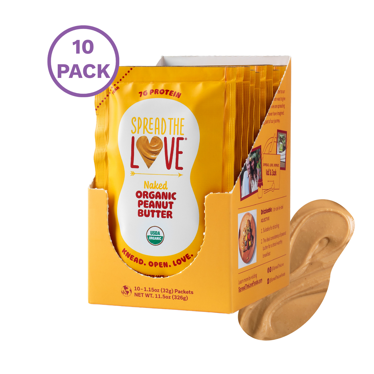 A 10-pack of Spread the Love Naked Organic Peanut Butter single-serve packets in a yellow-orange display tray, with a scoop of peanut butter shown in front on a white background.