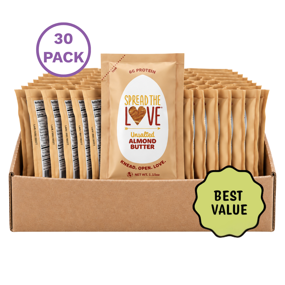 A 30-pack display box of Spread the Love Unsalted Almond Butter, featuring individual kraft paper packets arranged in rows inside a larger brown cardboard box. A purple '30 PACK' badge is in the top-left corner, and a green 'BEST VALUE' badge is in the bottom-right corner, all on a plain white background.