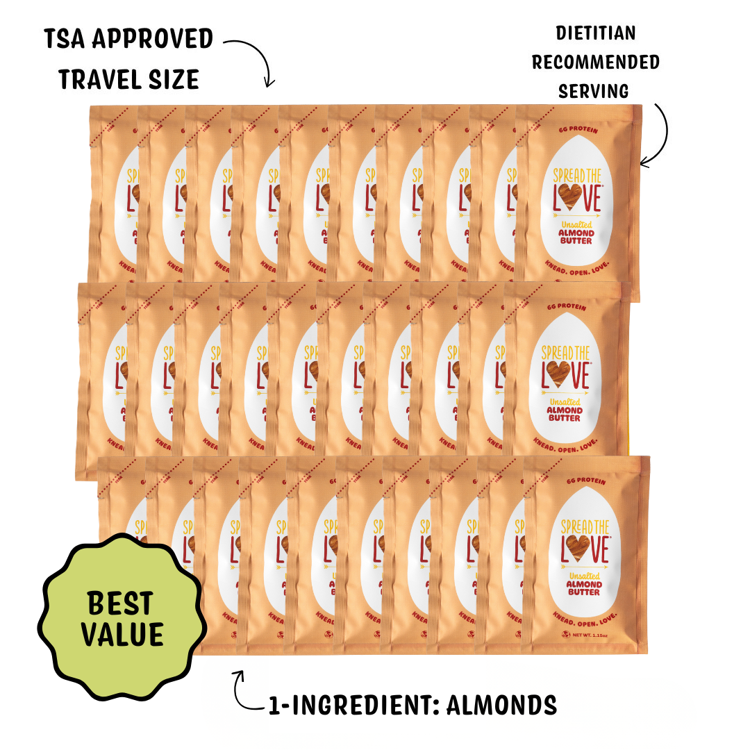 Spread The Love Unsalted Almond Butter 30 pack with Attributes on white