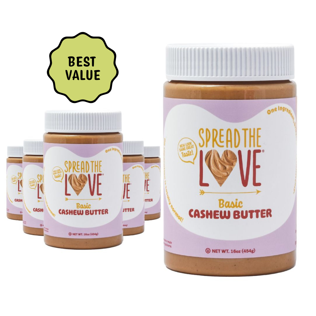 Jars of Spread the Love Basic Cashew Butter with a 'Best Value' label on a white background