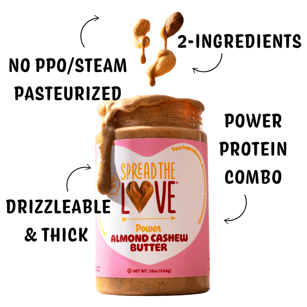 Spread The Love ALMOND CASHEW Power Butter with drizzle down the side and almonds/cashews into the jar.