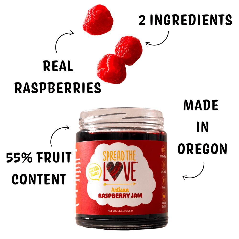 Raspberry jam with 3 raspberries floating on top with attributes