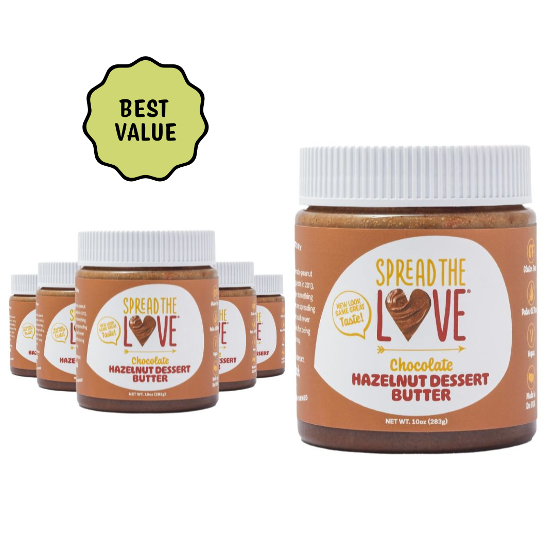 Jars of Spread the Love chocolate hazelnut dessert butter with a 'Best Value' label on a white background.
