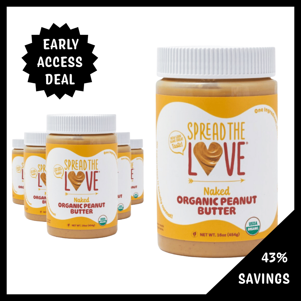 
                  
                    Load image into Gallery viewer, Jars of Spread the Love organic peanut butter with a promotional label.
                  
                