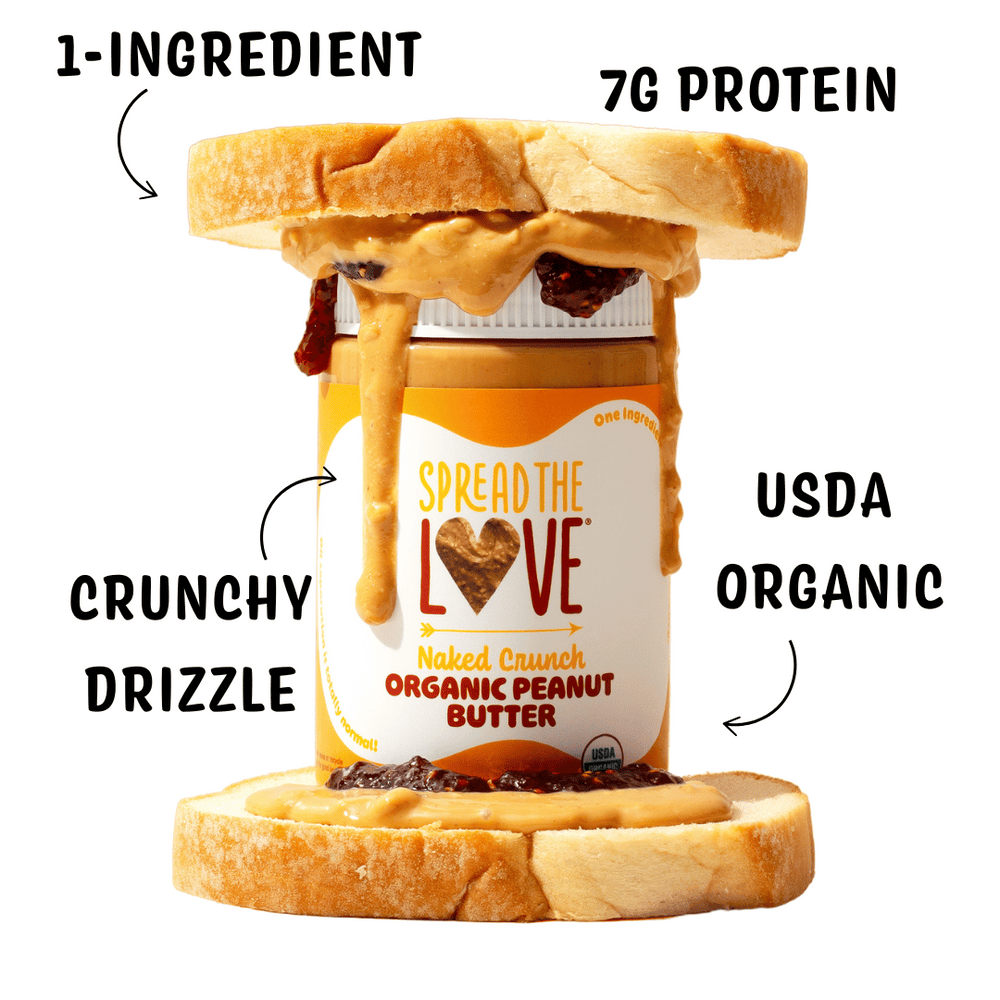 Spread The Love Naked Crunch Peanut Butter Jar in between PB&J Sandwich