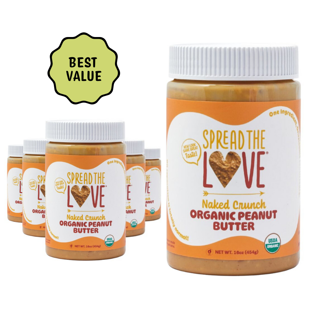 Jars of Spread the Love Naked Crunch Organic Peanut Butter with a 'Best Value' label on a white background