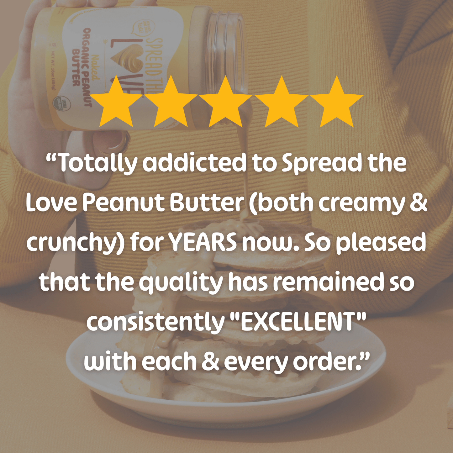 Person holding a jar of Naked Organic peanut butter with a five-star rating and positive review text overlay.