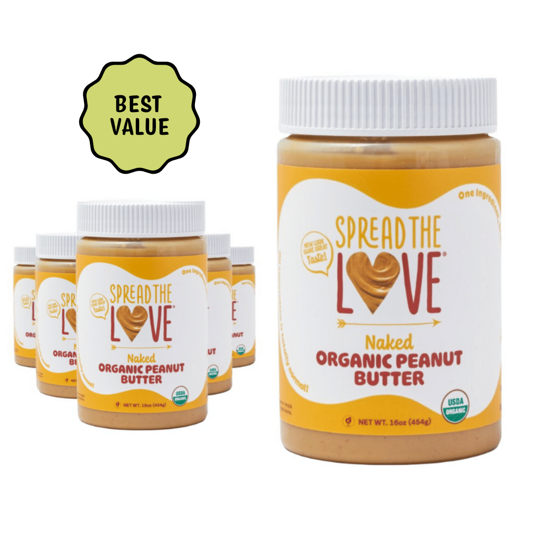 Jars of Spread the Love organic peanut butter with a 'Best Value' label on a white background