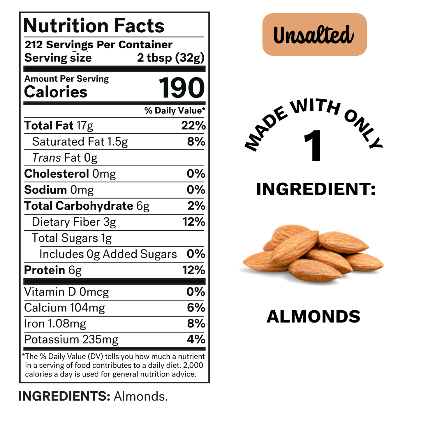 Nutrition facts label for Spread The Love Almond Butter Pail
