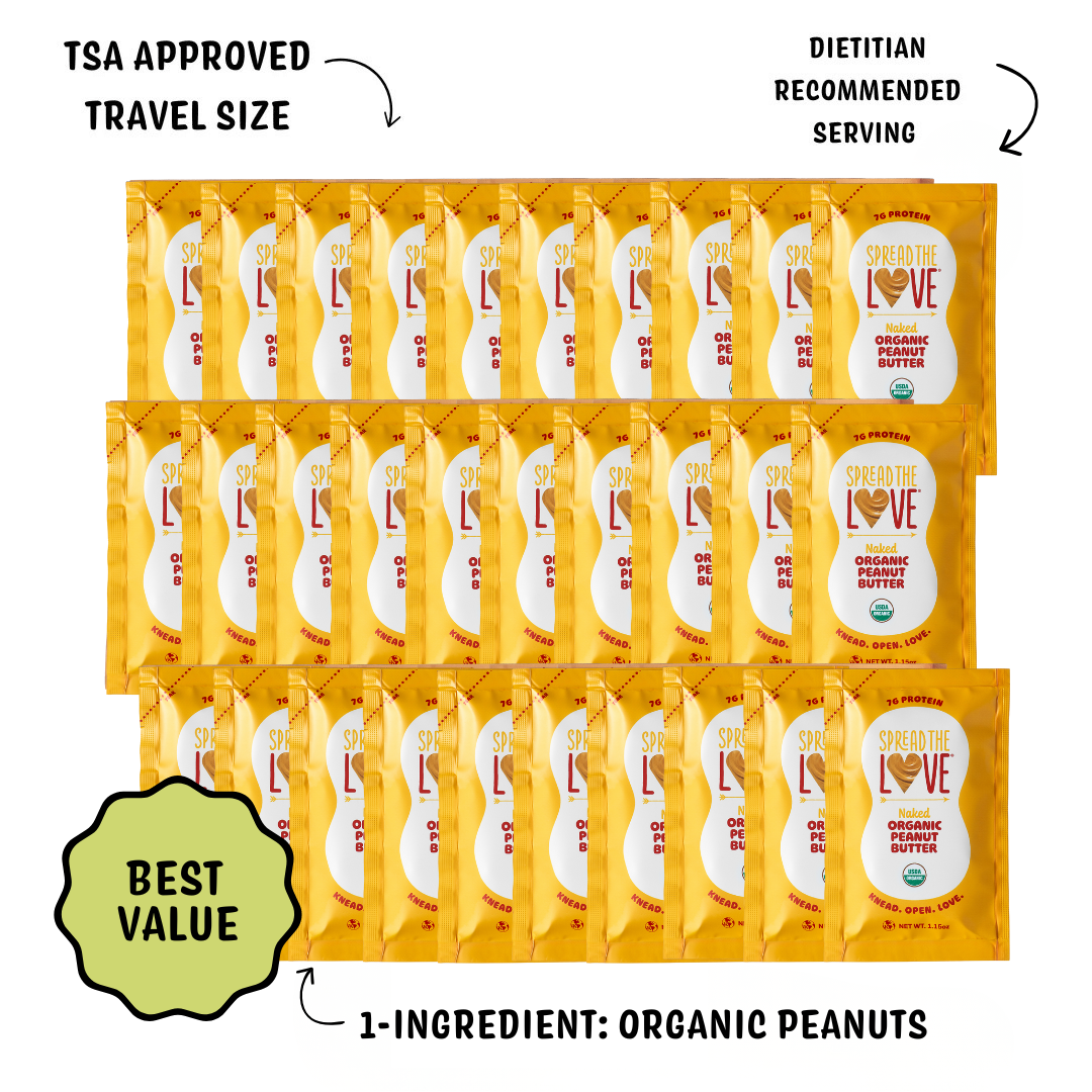 Multiple packages of Spread The Love Organic Peanut Butter with text highlighting features on a white background.