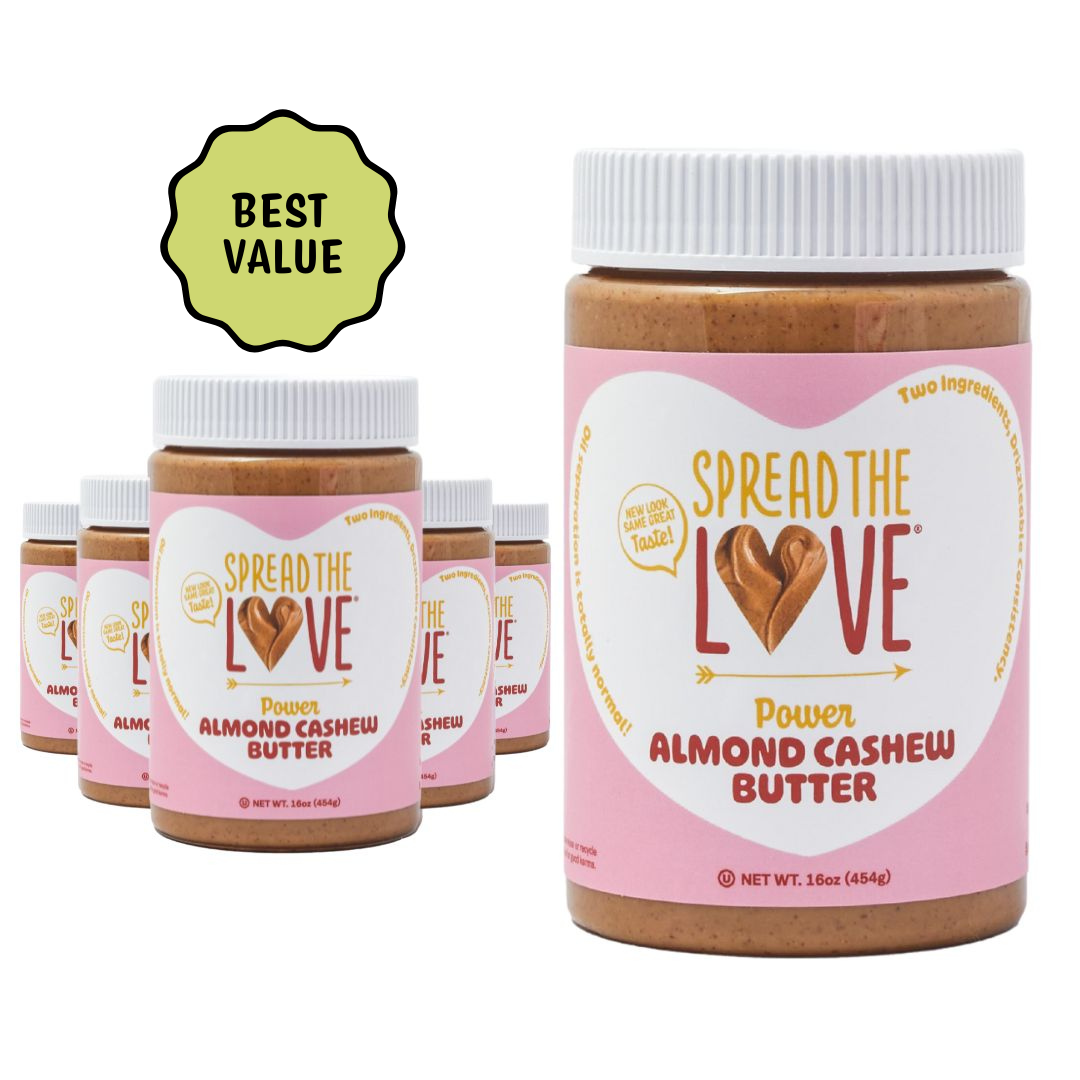 Jars of Spread the Love Power Almond Cashew Butter with a 'Best Value' label on a white background.