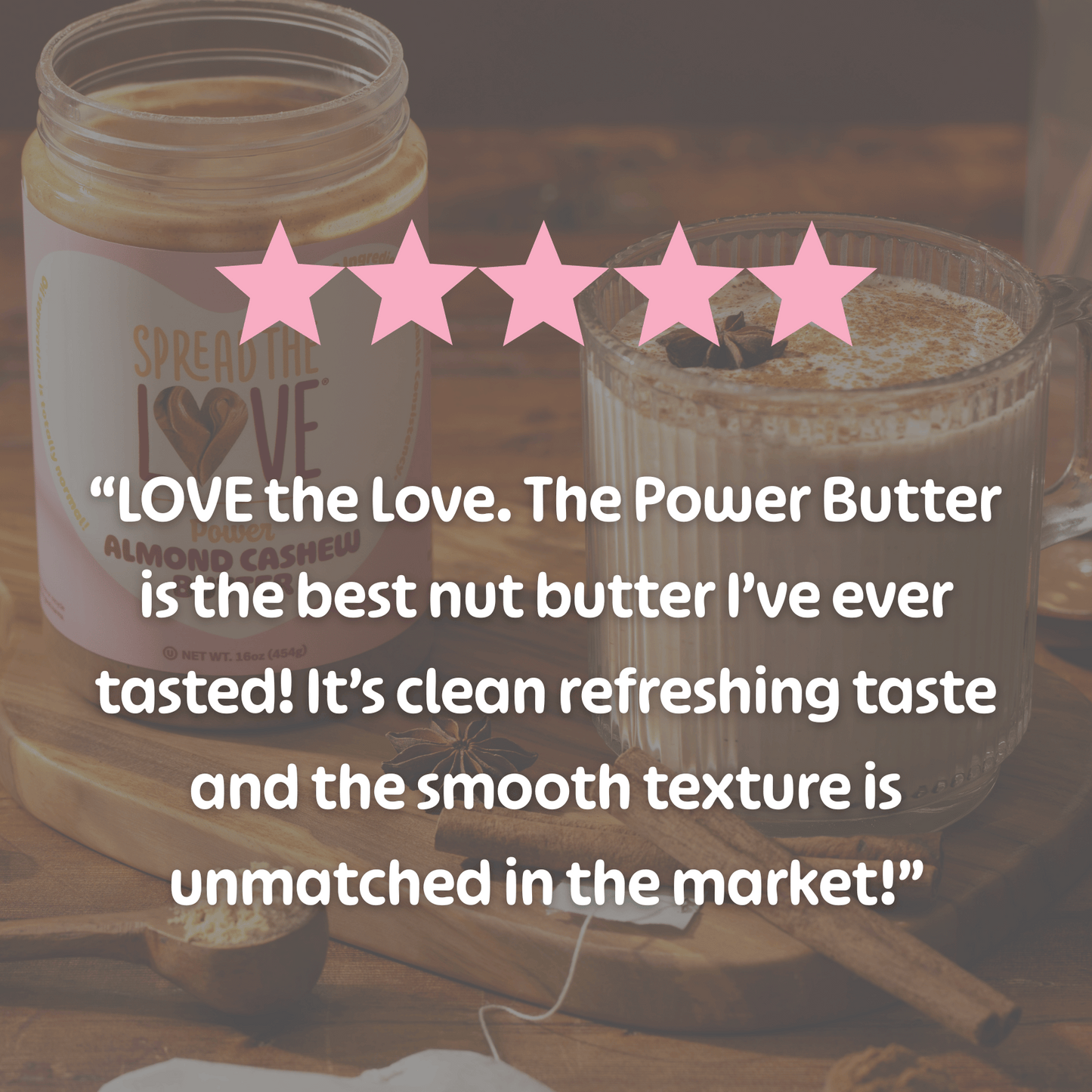 Jar of Power Butter with a five-star rating and positive review text on a wooden surface.