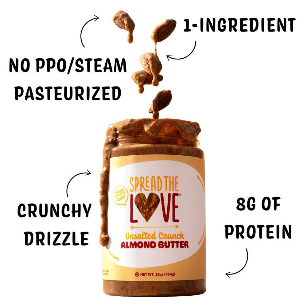 Unsalted Crunch Almond Butter with Almonds spilling Into Jar