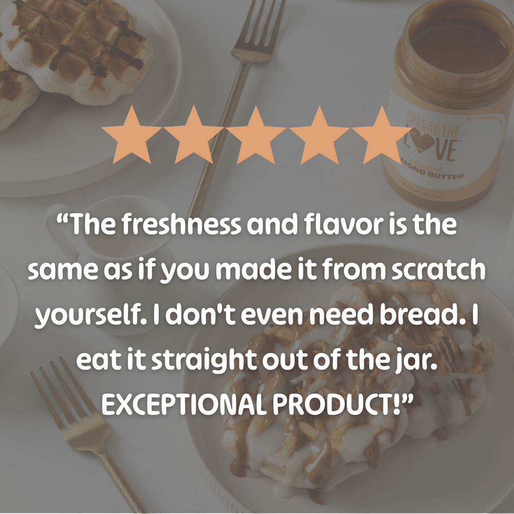 
                  
                    Load image into Gallery viewer, Jar of Spread The Love Unsalted Almond Butter with waffles and a fork on a table, featuring a five-star rating and customer review.
                  
                
