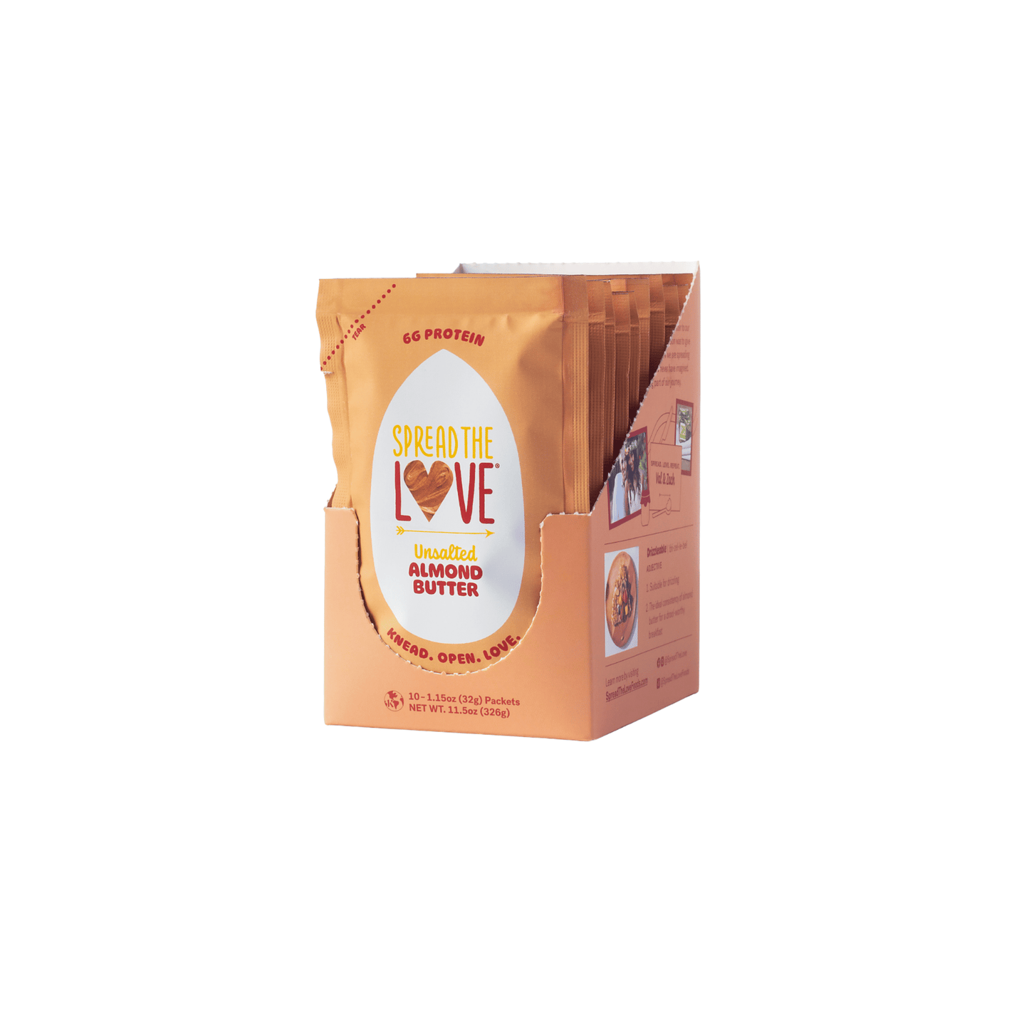 Box of Spread The Love almond butter with a heart design on a white background